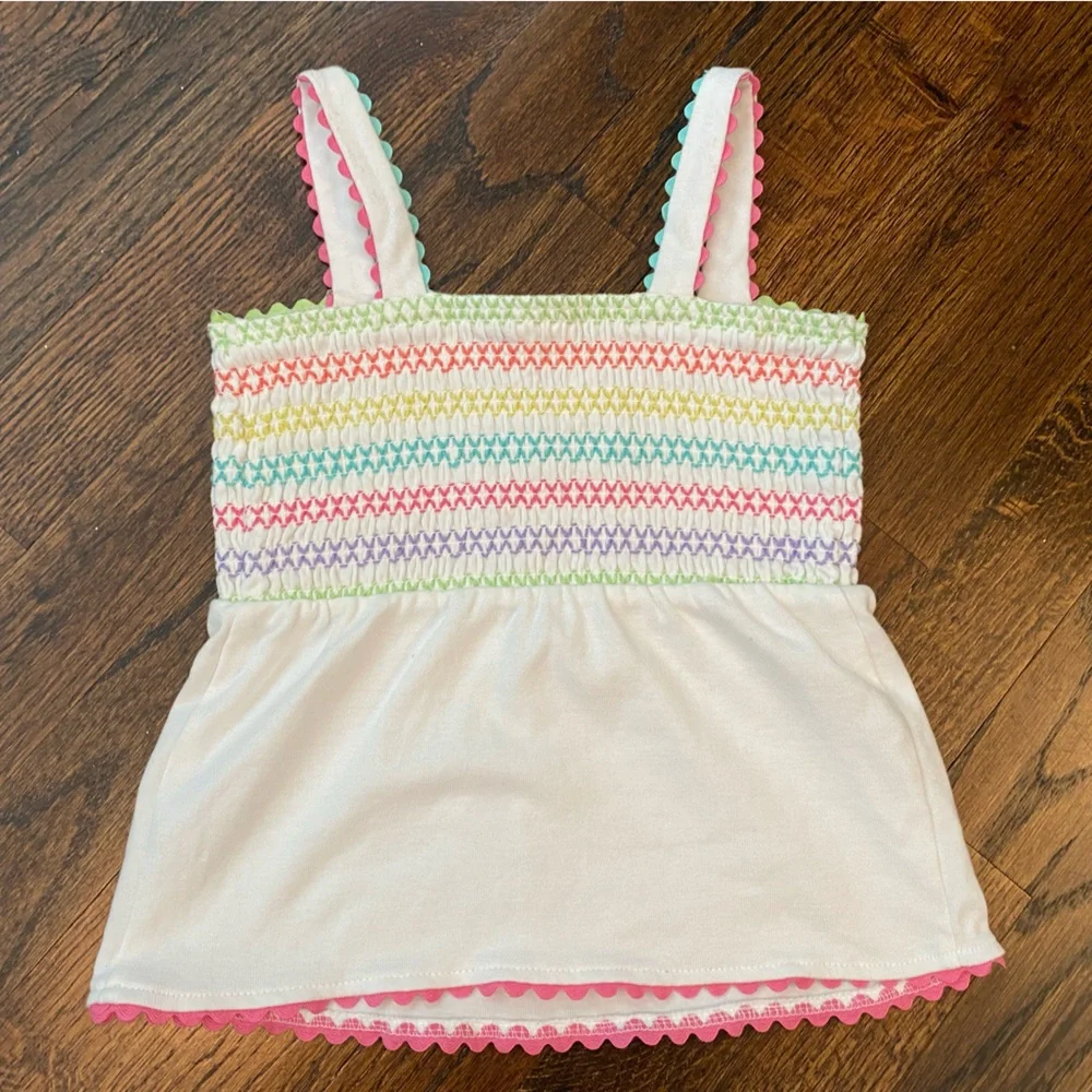 Gymboree- cotton Smocked White Tank Top Pastel Rainbow Stripe Accents girls 5T